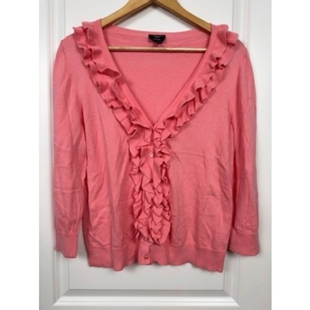 Talbots Petite‎ Ruffle Knit Cardigan Coral Pink Large EUC